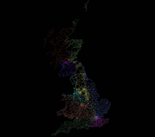 The shape of Great Britain's numbered roads, colour-coded by their first digit. Click for the full size version