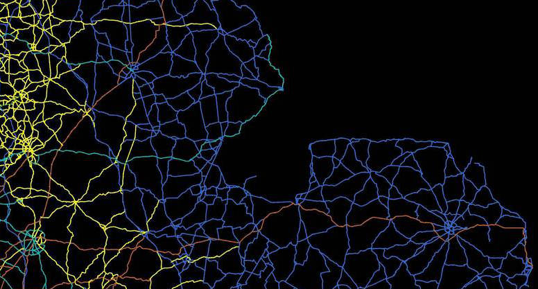 Out-of-zone roads are suddenly very easy to spot, like the yellow tendrils of the 6-zone spreading into Lincolnshire