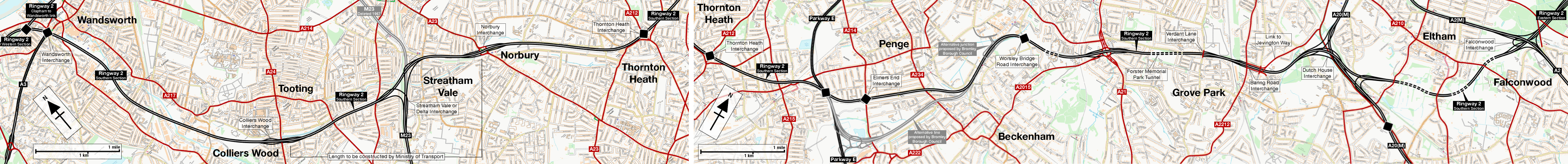 Route map of Ringway 2's Southern Section