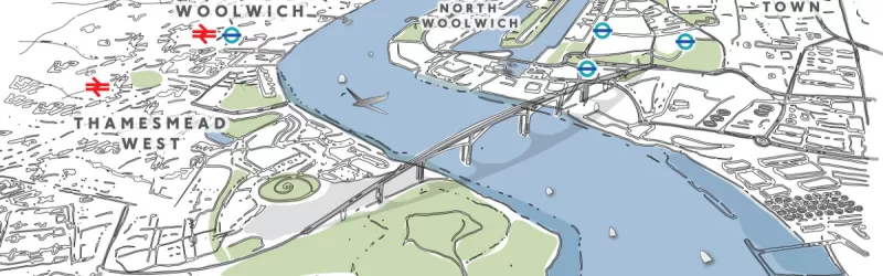 Artist's impression of a bridge at Gallions Reach, as proposed in 2014. Click to enlarge