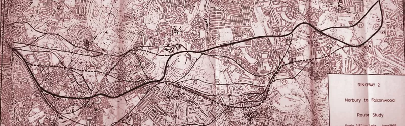 Map showing all the route options considered between Norbury and Falconwood, dated June 1969. The selected route is marked in a thicker black line. Click to enlarge