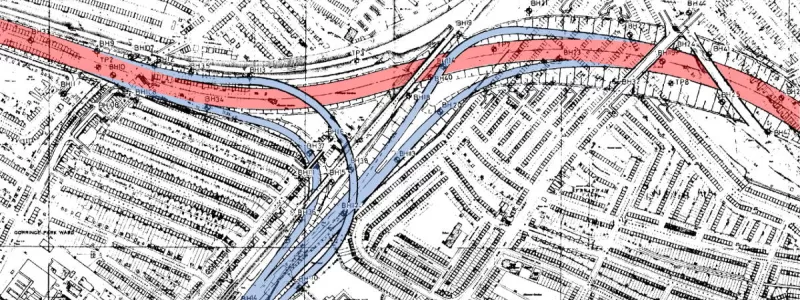 Engineering plan of Streatham Vale interchange, coloured to show Ringway 2 in red and the M23 in blue. Click to enlarge