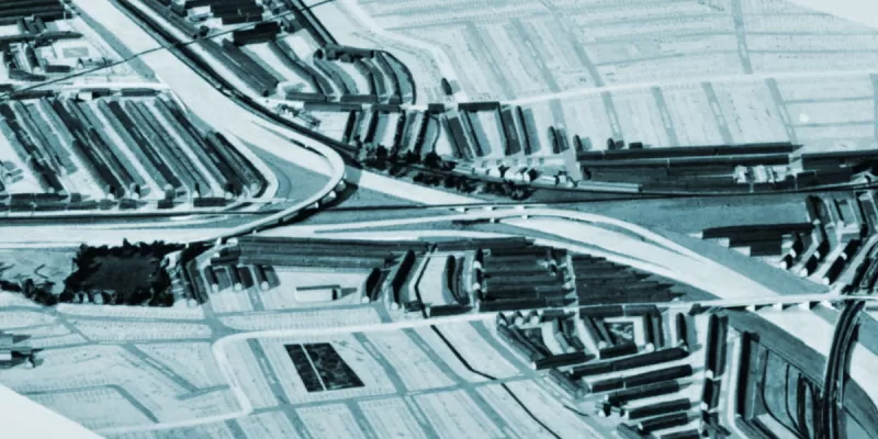 Architectural model of the M23 interchange, looking west towards Colliers Wood. Streatham Vale station is on the right. Click to enlarge