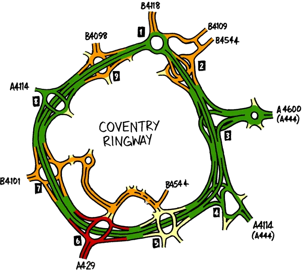 The route of the Coventry Ring Road. Click to enlarge