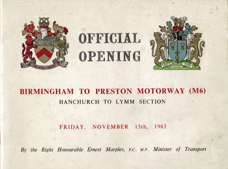 Front cover of a booklet with the title "OFFICIAL OPENING: Birmingham to Preston Motorway (M6) Hanchurch to Lymm Section", and two heraldic crests representing Cheshire and Staffordshire